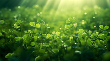 A Field Of Green Clovers Or Shamrocks. Horizontal Background For Saint Patrics Day. Generative AI