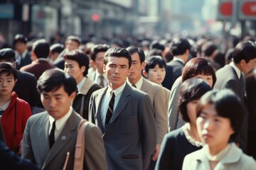 Sticker - Crowd of Asian people walking street in 1970s