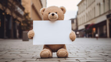 Cute Teddy Bear Holding A Blank Sign Against The Background Of The Park