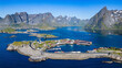 Beautiful Lofoten islands in Norway. Aerial view of Hamnøy fisher village. Famous tourist spot.