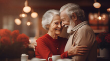 Senior Couple Hugging And Smiling Celebrating Valentine's Day, Women's Day, Wedding Anniversary. A Mature Couple Husband And Wife Are Happy Spending Time Together. The Concept Of Romantic Relationship