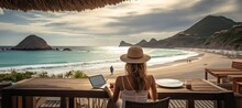 Remote work  young woman freelancing on beach, using laptop for distance work and vacation