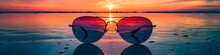 A Minimalist Photo Of A Pair Of Sunglasses Reflecting A Stunning Summer Sunset