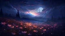 A Mystical Scene Of A Full Moon Illuminating A Field Of Blooming Night Flowers