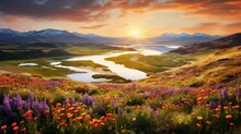 A Panoramic View Of A Valley Filled With Colorful Wildflowers And A Meandering River