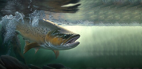 Wall Mural - Live trout in the natural environment, in the sea background of waves and stones. AI generated.