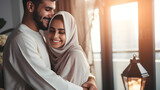 Fototapeta  - Close up portrait of a young arabian couple hugging, smiling and loving each other. An arabian man and a woman celebrate Valentine's Day. The concept of romantic relationships.