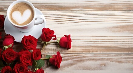 Poster - Cup of coffee and red roses on wooden table. Generative AI.