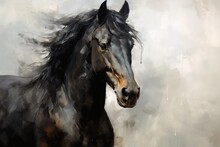 Majestic Black Horse On Light Background. Power And Grace Of Wild Horse. Illustration In Style Of Oil Painting, Rough Brush Strokes. Concept Of Freedom And Beauty Of Wild Animal