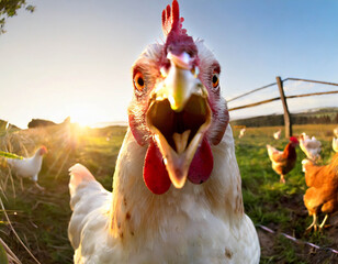 Funny chicken on the farm, close up, fisheye effect