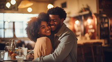 Portrait Of A Beautiful Young Black Lovers Hugging, Smiling And Loving Each Other. A Couple Of Men And A Woman In Love Celebrate Valentine's Day In A Cozy Cafe. The Concept Of Romantic Relationships.