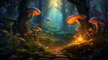 An Enchanting Forest Pathway Lined With Glowing Mushrooms And Spring Foliage