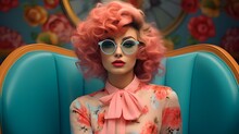 Vintage Retro Style Colorful Fashion Woman With Sunglasses Beautiful Pink Hair, Stylish 60s 70s Pop Art Living Room Background