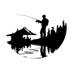 Wall Mural - man with fishing pole Vector Silhouette.