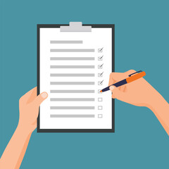 Hand holding pen and clipboard with checklist making mark on to do list