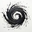 Hand Painted Black Spiral on a white background, acrylic paint, splatters, movement, simple design element, abstract background, wallpaper, simple black and white shape, swirl, vortex, black hole