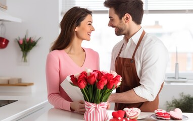 Wall Mural - A woman surprising her partner with a homemade Valentine's Day gift