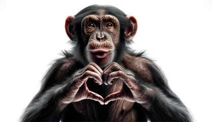 happy laughing funny monkey portrait making heart hands. chimpanzee with hand fingers making heart s