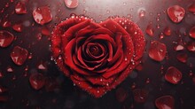 Single Red Rose With Water Droplets On Dark Background. Romance And Valentine.