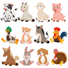 Wall Mural - Set of cute farm animals sitting. Vector illustration