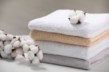 terry towels and cotton branch with fluffy flowers on white table, closeup