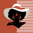 Portret pięknej kobiety w eleganckim kapeluszu z szerokim rondem w minimalistycznym stylu. Młoda dziewczyna z kolczykami. Ilustracja wektorowa High Fashion.