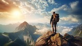 Fototapeta Sawanna - climber standing on the top of a high rock. Sport and active life concept, foggy peak mountain background
