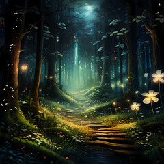 Sticker - Mysterious forest illuminated by the soft glow of magical fireflies.