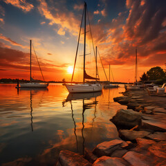 Wall Mural - Sailboats anchored in a peaceful harbor with a sunset backdrop.