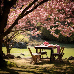 Wall Mural - A serene picnic spot under the shade of blossoming cherry trees.