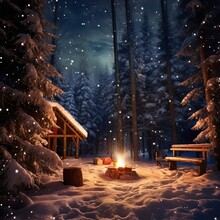 A Winter Scene With A Campfire And Picnic Table