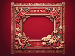 Chinese New Year decoration frame on red background. Chinese characters mean Happy New Year.