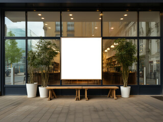 Wall Mural - Outdoor cafe storefront with blank white billboard for branding. Urban mockup concept. Generative AI