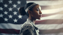 Profile Of African-American Female Soldier With Natural Hair Standing In Front Of American Flag Waving In Background Saluting Fellow Veterans And Service Men And Women