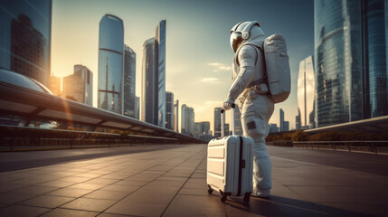 Wall Mural - Astronaut holding suitcase on city walkway, skyscrapers and sun flare. Future travel concept. Generative AI