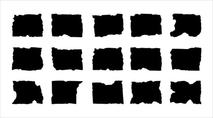 Set of black torn paper. Vector illustration. Various black silhouette rectangles isolated on white backdrop