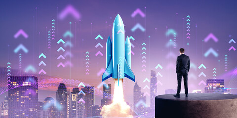 Wall Mural - Businessman on stand with skyline and rocket launch. Ai generative illustration