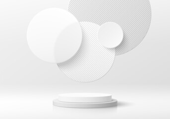 Wall Mural - Realistic white 3D cylinder podium pedestal with floating overlap circle gray background. Minimal wall scene for products stage showcase, promotion display. Vector geometric platform. Abstract room.