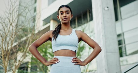 Wall Mural - Face, outdoor and woman with fitness, workout and confident girl with wellness, breathing and healthy. Portrait, person and runner with hands on her hips, city and training with progress or challenge