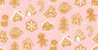 cute kawaii Christmas pattern seamless gingerbread hand drawing isolated on pink background