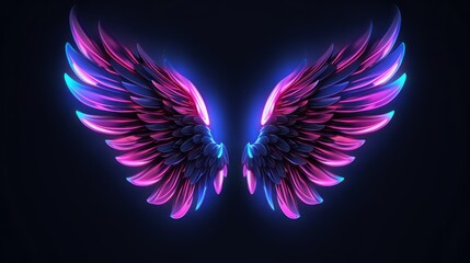 Wall Mural - vibrant neon angel wings on uv geometric background - cyberspace futuristic concept in pink and blue lights