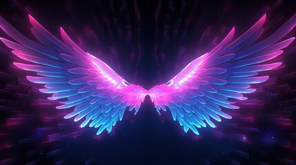 Wall Mural - vibrant neon angel wings on uv geometric background - cyberspace futuristic concept in pink and blue