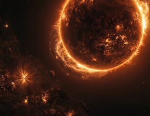 Wall Mural - black spots and fire splashes on the closeup view of the sun planet in space