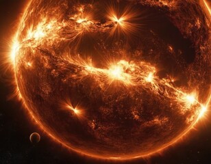 fire splashes on the closeup view of the sun planet in space