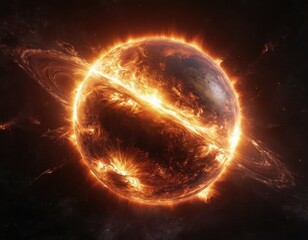Wall Mural - fire splashes on the closeup view of the sun planet in space