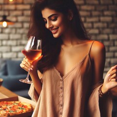 Sticker - Woman with pizza and galss of red wine