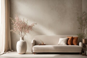 interior background of room with stucco wall and vase with branch