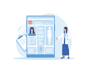 Wall Mural - Electronic health record, EHR digital patient tablet chart, female doctor. New technology to replace paper clinical data, medical treatment history application. flat vector modern illustration