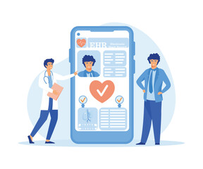 Wall Mural - Electronic health record, EHR digital patient chart on smartphone. Male doctor reading medical, treatment history, clinical data of young man, healthcare app. flat vector modern illustration