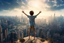 Boy With Arms Outstretched On Top Of A Skyscraper Watching The City In The Background - Concept Of Achieving Goals And Learning Life Lessons In Childhood